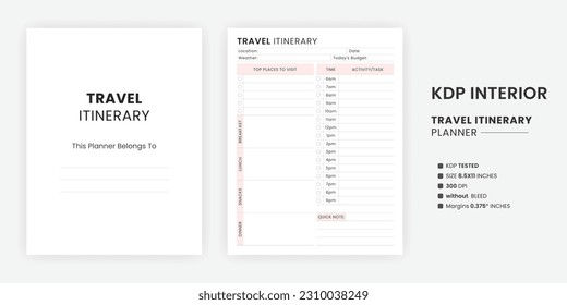 Editable Daily Travel Itinerary Planner Logbook Printable KDP Interiors Template. A belongs to page Us letter size on a white background Travel Planner page with the Kindle Direct Publishing.