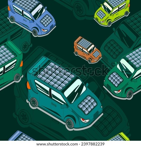 Editable Dark Background Isometric-like Three-Quarter Top View Solar Electric Car Vector Illustration Seamless Pattern for Futuristic Eco-friendly Vehicle and Green Life or Renewable Energy Campaign