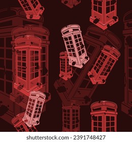 Editable Dark Background Three-Quarter Oblique View Flat Grunge Style Typical Traditional English Telephone Booth Vector Illustration as Seamless Pattern for England Culture Tradition and History