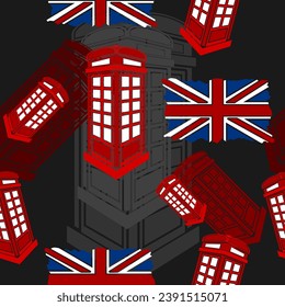 Editable Dark Background Three-Quarter View English Telephone Booth Vector Illustration with Union Jack Flag in Flat Style as Seamless Pattern for England Culture Tradition and History