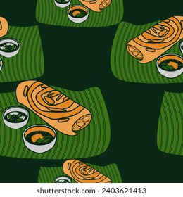 Editable Dark Background Top Side View Indian Masala Dosa With Chutney and Sambar on Banana Leaf Vector Illustration Seamless Pattern for Cuisine Related Design With South Asian Culture and Tradition