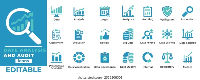 Análisis de datos editables e iconos vectoriales de auditoría para big data, auditorías, ciencia de datos, análisis y gobernanza. Perfecto para proyectos empresariales y tecnológicos