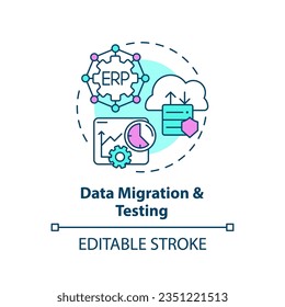Editable data migration and testing icon concept, isolated vector, enterprise resource planning thin line illustration.