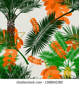 Editable Date Palm Trees With Fruits and Leaves Vector Illustration Seamless Pattern for Creating Background of Islamic or Arab Nature and Culture Also Healthy Foods Related Design