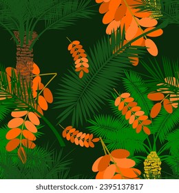 Editable Date Palm Trees With Fruits and Leaves Vector Illustration Seamless Pattern With Dark Background for Islamic or Arab Nature and Culture Also Healthy Foods Related Design