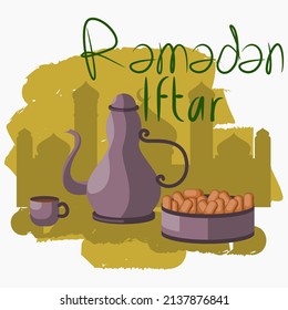 Bearbeitbare Termine Obst und Kaffee auf Moschee Silhouette Vektorgrafik mit Pinselstrichen und manueller Briefing für Ramadan Iftar Party Poster oder Café mit Design-Konzept für die Nahost-Kultur