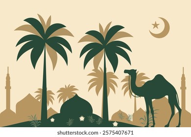 Editable Desert Scene with Camel, Palm Trees, and Crescent Moon