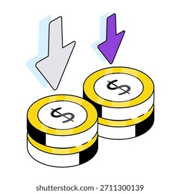 An editable design icon of dollar value down