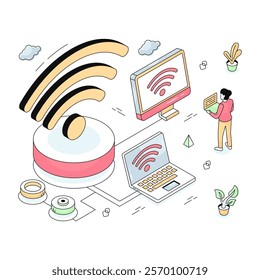 Editable design illustration of connected laptop