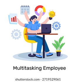 Editable design illustration of multitasking employee