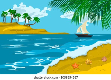 Editable Detailed Summer Beach Landscape Panorama With Ship and Island Vector Illustration for Vacation or Summer Seasonal Themed and Children Book Project