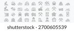 Editable diamond, gold and coal mining line icon set – miner, mines, coal, excavation, gemstone, gold bar, pickaxe, cart, tunnel, industry outline symbols, Mining and industry line icon set