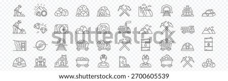 Editable diamond, gold and coal mining line icon set – miner, mines, coal, excavation, gemstone, gold bar, pickaxe, cart, tunnel, industry outline symbols, Mining and industry line icon set