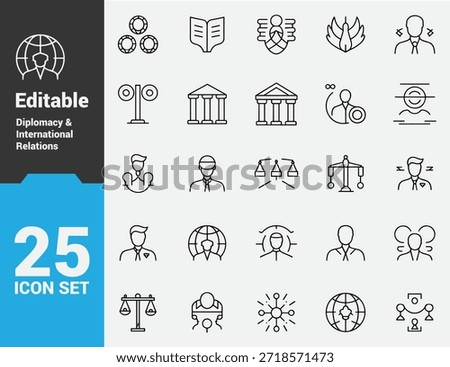 Editable Diplomacy and International Relations Line Icons, Minimalist Stroke Symbols of Ambassadors, Treaties, Global Cooperation, Law, and Foreign Policy