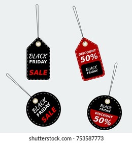 Editable Discount Tags Vector Illustration with Stitch Lines in Flat Style for Black Friday Sale Marketing Concept