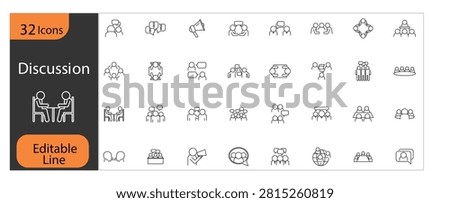 Editable discussion line icons pack including chat, conference, video call, question, opinion, dialogue, teamwork, and decision making symbols.