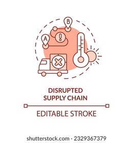 Editable disrupted supply chain icon representing heatflation concept, isolated vector, linear illustration of global warming impact.