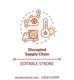 Editable disrupted supply chain icon representing heatflation concept, isolated vector, global warming impact linear illustration.