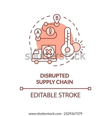 Editable disrupted supply chain icon representing heatflation concept, isolated vector, linear illustration of global warming impact.