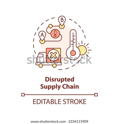 Editable disrupted supply chain icon representing heatflation concept, isolated vector, global warming impact linear illustration.