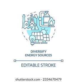 Editable diversify energy sources linear concept, isolated vector, blue thin line icon representing carbon border adjustment.