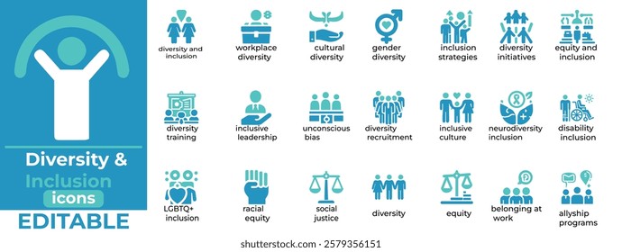 
Editable Diversity and Inclusion icon vectors perfect for presentations, training, and branding. Bold, inclusive, versatile
