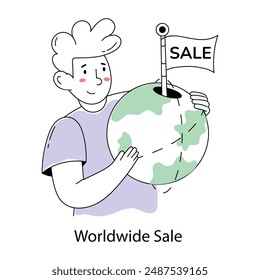 An editable doodle mini illustration of worldwide sale 