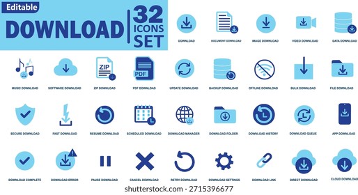 Conjunto de iconos de Descarga editables para el diseño de UI UX, App de Web y móviles, transferencia de archivos, almacenamiento en la nube, sincronización de datos, PDF Símbolos de Descarga de medios ZIP para la interfaz moderna