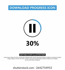 Ícone de andamento do download editável mostrando 30% de conclusão com o botão de pausa. Barra de progresso circular azul para aplicativos, UI UX, mídia e telas de carregamento