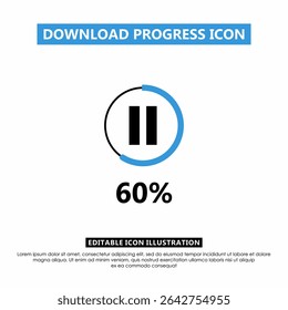 Ícone de andamento do download editável mostrando 60% de conclusão com o botão de pausa. Barra de progresso circular azul para aplicativos, UI UX, mídia e telas de carregamento