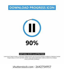 Ícone de andamento do download editável mostrando 90% de conclusão com o botão de pausa. Barra de progresso circular azul para aplicativos, UI UX, mídia e telas de carregamento