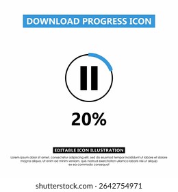 Ícone de andamento do download editável mostrando 20% de conclusão com o botão de pausa. Barra de progresso circular azul para aplicativos, UI UX, mídia e telas de carregamento