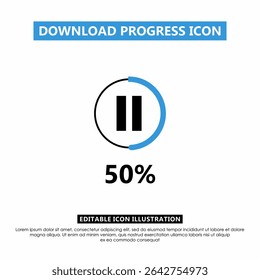 Ícone de andamento do download editável mostrando 50% de conclusão com o botão de pausa. Barra de progresso circular azul para aplicativos, UI UX, mídia e telas de carregamento