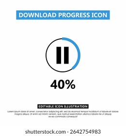 Ícone de andamento do download editável mostrando 40% de conclusão com o botão de pausa. Barra de progresso circular azul para aplicativos, UI UX, mídia e telas de carregamento
