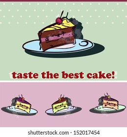 An editable drawing with junk food meal - a piece of cake; may be used for various purposes to promote healthy balanced diet: to make a banner, flyer or poster