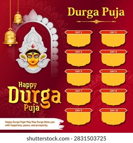 Editable Durga Puja invitation template with Goddess Durga, decorative borders and spaces for event information.
