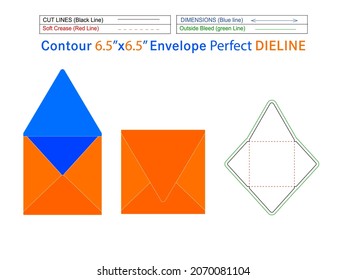 Editable easily resizable 6.5x6.5 inch Contour envelope dieline template and 3D envelope 