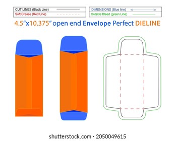Editable easily resizable Packaging Catalog envelope or open end envelope 4.5x10.375 inch dieline template and 3D envelope