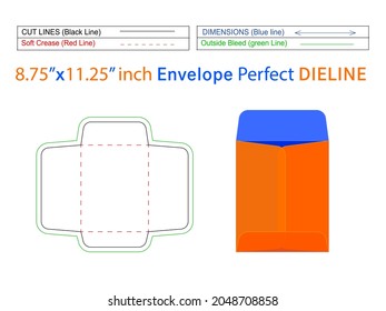 Editable easily resizable Packaging open end envelope or Catalog envelope 8.75x11.25 inch dieline template and 3D envelope 