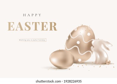 Editable Easter banner template vector with 3d rendering  gold eggs