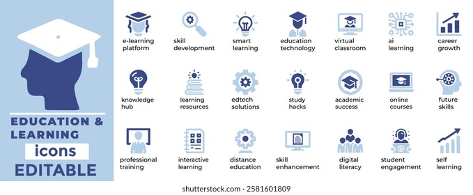 Editable Education and Learning vector icons: AI, STEM, e learning, skill development, innovation, and future ready designs