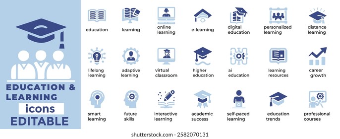 Editable Education and Learning vector icons AI, STEM, e learning, skill development, innovation, and future ready designs