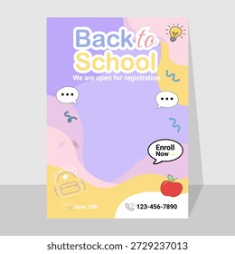 Folleto educativo editable, Anuncio, Plantilla de anuncios para la vuelta a la escuela, admisión escolar, aprendizaje en línea, cuidado infantil, Anuncio de Web preescolar, suministros educativos fondo de Ilustración vectorial.