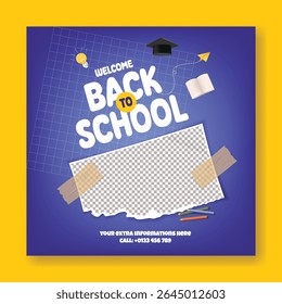Editable educational social media post, banner, ads template for back to school, school admission, online learning, Child care, preschool web banner educational supplies vector illustration background