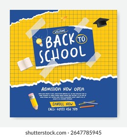 Editable educational social media post, banner, ads template for back to school, school admission, online learning, Child care, preschool web banner educational supplies vector illustration background