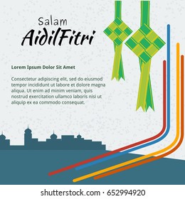 Editable Eid Concept Text Background Vector Template with Indonesian or Malaysian Ketupat Packed Rice Illustration and Mosque Silhouette for Islamic Moments Combined with Nusantara Culture Tradition
