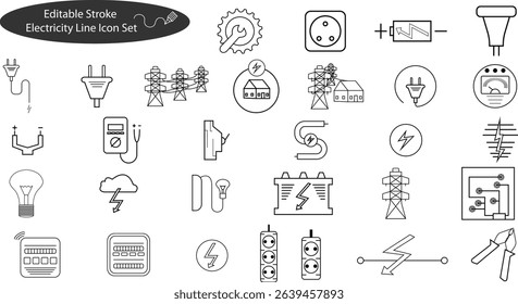 Editable electricity line icon set with electric symbols like plug, battery, pylon, light bulb, socket, and energy tools. Clean stroke style for utility design.