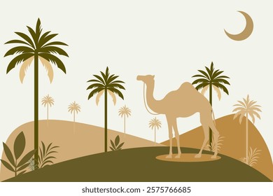 Editable Elegant Desert Scene with Camel, Palm Trees, and Crescent Moon