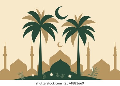 Editable Elegant Mosque Silhouette with Palm Trees and Crescent Moon