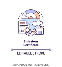 Editable emissions certificate concept, isolated vector, thin line icon representing carbon border adjustment.